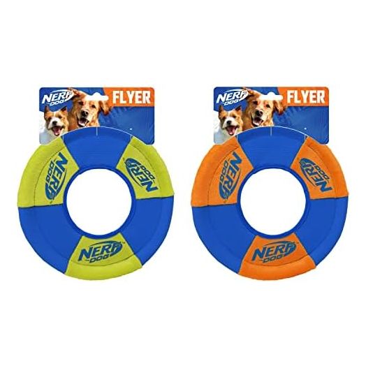 Nerf Dog Toss and Tug Ring Dog Toy, Flying Disc, Lightweight, Durable and Water Resistant, 9 Inch Diameter, For Medium/Large Breeds, Two Pack, Green and Orange