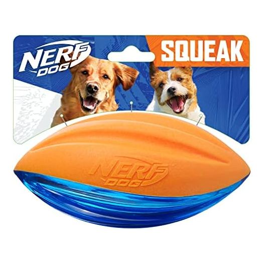 Nerf Dog Rubber Football Dog Toy with Interactive Squeaker, Lightweight, Durable and Water Resistant, 6 Inches, for Medium/Large Breeds, Single Unit, Blue and Orange