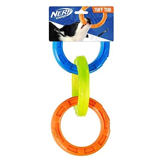 Nerf Dog 10.5in Rubber 3-Ring Tug Dog Toy, Lightweight, Durable and Water Resistant, Single Unit, Blue/Green/Orange