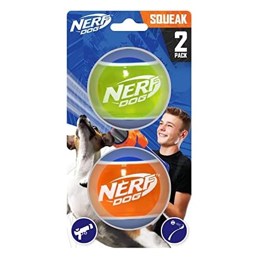 Nerf Dog Rubber Tennis Ball Dog Toys with Interactive Squeaker, Lightweight, Durable and Water Resistant, 2 Inches, for Small/Medium/Large Breeds, Two Pack, Mixed Colors 2Count(Pack of 1)