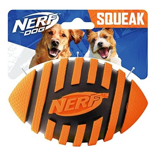 Nerf Dog Rubber Football Dog Toy with Spiral Squeaker, Lightweight, Durable and Water Resistant, 5 Inch Diameter for Medium/Large Breeds, Single Unit, Orange (8915)