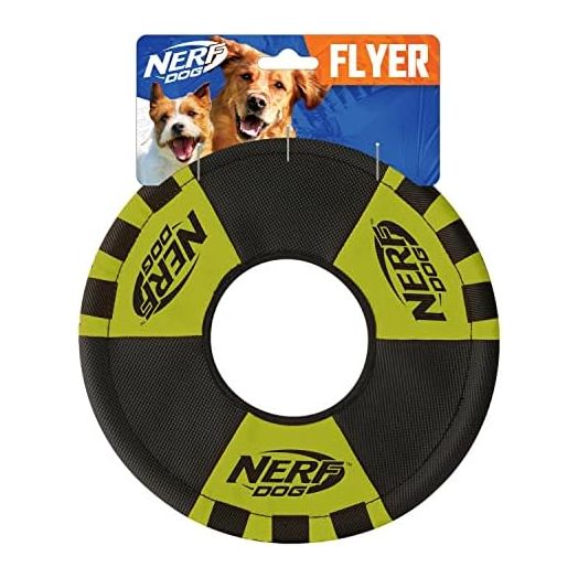 Nerf Dog Trackshot Toss and Tug Ring Dog Toy, Lightweight, Durable and Water Resistant, 9 Inches, For Medium/Large Breeds, Single Unit, Green/Black
