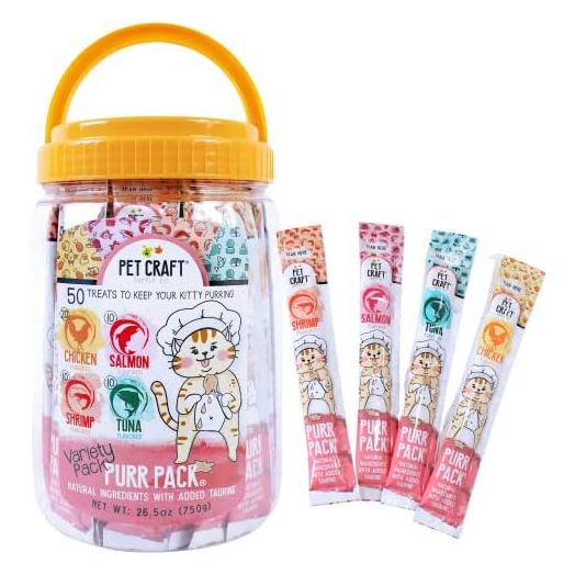 Pet Craft Supply Lickable Cat Treats Variety Pack (Salmon, Shrimp, Tuna, Chicken) 50ct Tub, Squeezable Tubes High Protein Cat Puree Wet Food or Food Topper