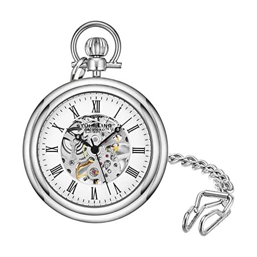 Stuhrling Original Mens Vintage Mechanical Pocket Watch - Stainless Steel Pocket Watch with Chain Analog Skeleton Watch Hand Wind Mechanical Watch with Clip and Stainless Steel Chain