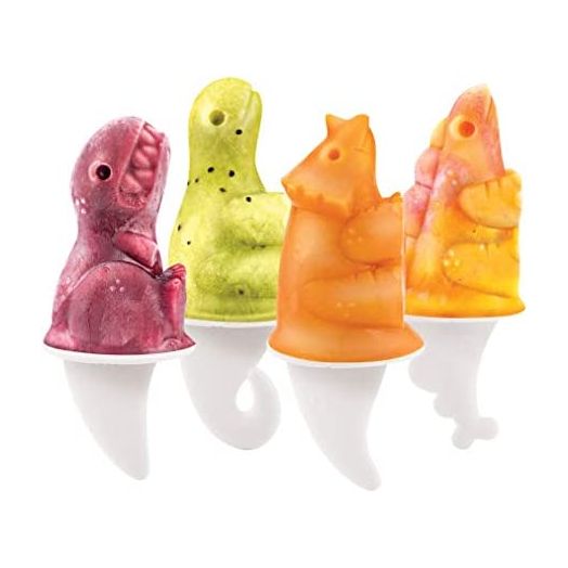 Tovolo Dino Ice Pop Molds, Flexible Silicone, Easily-Removable, Dishwasher Safe, Set of 4 Popsicle Makers with Sticks