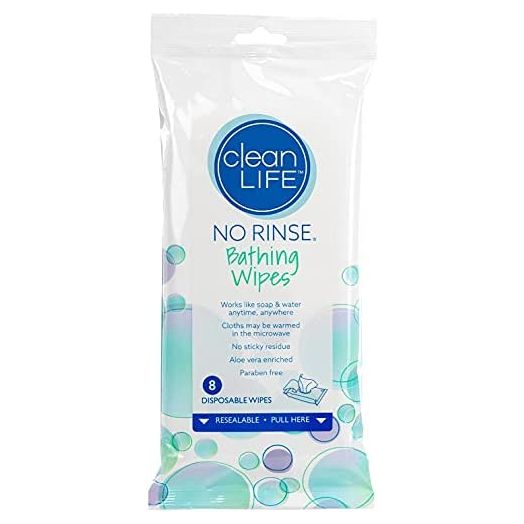 No-Rinse Bathing Wipes by Cleanlife Products (8 Pack), Premoistened and Aloe Vera Enriched for Maximum Cleansing and Deodorizing - Microwaveable, Hypoallergenic and Latex-Free (8 Wipes)