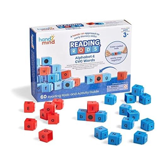 hand2mind Reading Rods Alphabet & CVC Words, Word Building Activities, Letter Blocks, CVC Words for Kindergarten, Spelling Toys, Reading Tools for Kids, Science of Reading Manipulatives