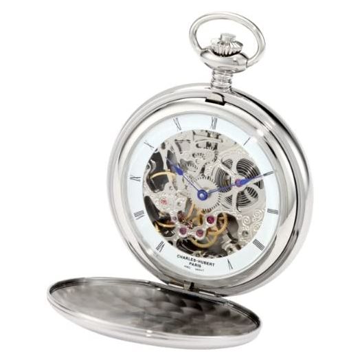 Charles-Hubert, Paris 3904-W Premium Collection Stainless Steel Polished Finish Double Hunter Case Mechanical Pocket Watch