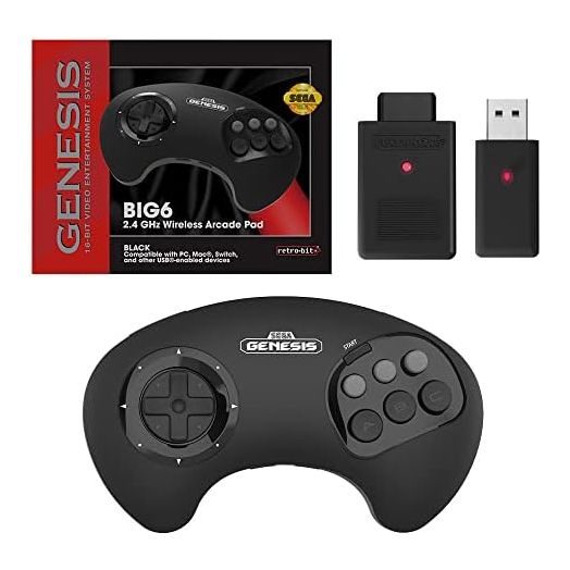 Retro-Bit BIG6 2.4 GHz Sega Genesis Wireless Arcade Controller Pad for Sega Genesis Original/Mini, Switch, PC, Mac - Black