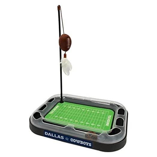 Cat Feather Toy NFL DALLAS COWBOYS FOOTBALL FIELD CAT SCRATCHER TOY with CATNIP Filled Plush FOOTBALL Toy & Feather Cat Toy hanging, with Jingle Bell INTERACTIVE BALL Cat Chasing 5-in-1 KITTY Toy