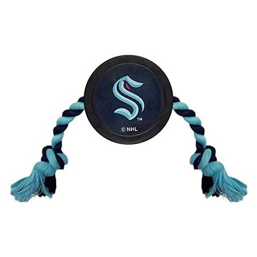 Pets First Rubber Dog Toy - NHL Seattle Kraken Ice Hockey Puck PET Toy with Heavy-Duty TUG Ropes. A Tough Toy for Dogs & Cats in a Hockey Puck Shape with Vibrant Team Logo. Great Dental Pet Rope Toy
