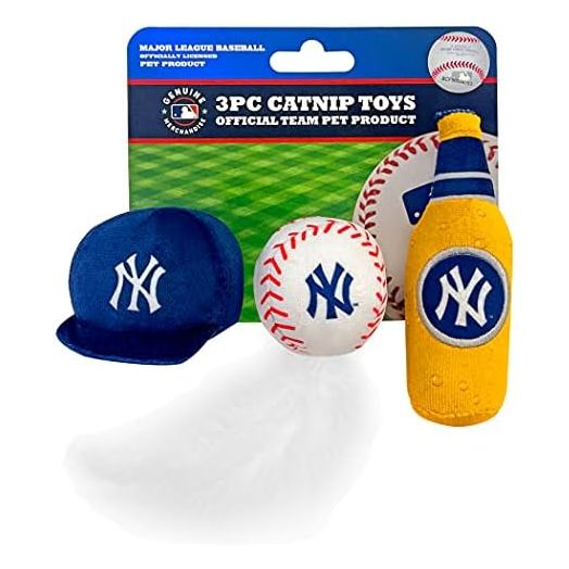 BEST PLUSH CAT TOY - MLB NEW YORK YANKEES Complete Set of 3 piece Cat Toys filled with Fresh Catnip. Incl: 1 Baseball Cap Cat Toy, 1 Baseball Cat Toy with Feathers & 1 Beer Bottle. Beautiful Team LOGO