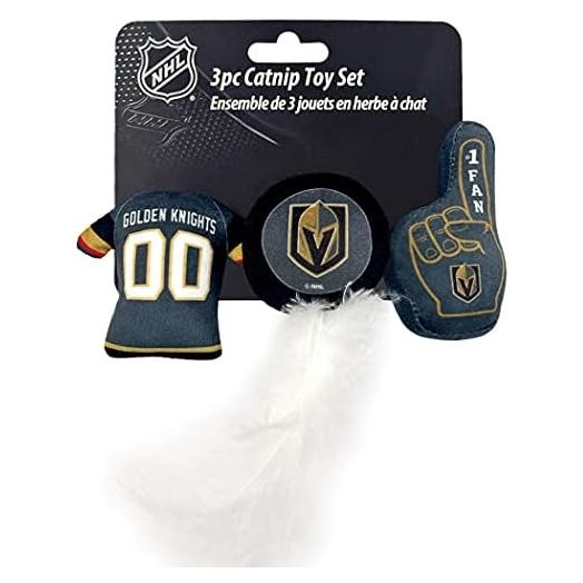 BEST PLUSH CAT TOY NHL LAS VEGAS GOLDEN KNIGHTS Complete Set of 3 piece Cat Toys filled with Fresh Catnip. Includes: 1 Jersey Cat Toy, 1 Hockey Puck Cat Toy with Feathers & 1 #1 Fan Cat Toy. Team LOGO