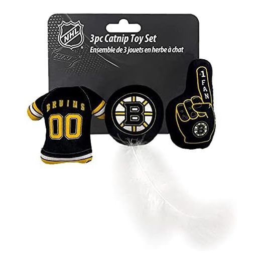 BEST PLUSH CAT TOY: NHL BOSTON BRUINS Complete Set of 3 piece Cat Toys filled with Fresh Catnip. Includes: 1 Jersey Cat Toy, 1 Hockey Puck Cat Toy with Feathers & 1 #1 Fan Cat Toy. Beautiful Team LOGO