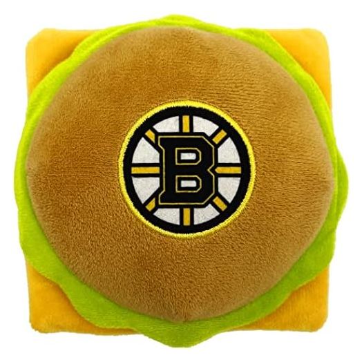 NHL Boston Bruins Cheese Burger Plush Dog & CAT Squeak Toy - Cutest Stadium HAMBERGER Snack Plush Toy for Dogs & Cats with Inner Squeaker & Beautiful Hockey Team Name/Logo