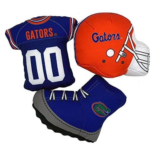 NCAA Pet Toy - FLORIDA GATORS Locker Room Set Toy for DOGS & CATS. Stuffed Pet Toys with Chewable Squeaker Sound. Sports Football Player Themed Dog & Cat Toys Set of 3: Helmet, Jersey, & Boots/Cleat