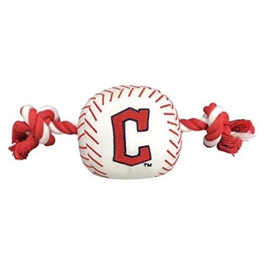 Pets First MLB Cleveland Guardians Nylon Baseball Toy with Tug Ropes for Dogs & Cats. Tough Nylon, Sporty Baseball Design, Heavy-duty Ropes with Inner Squeaker