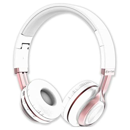 Aduro Resonance Bluetooth Wireless Headphones with Microphone Foldable Over The Ear Headphones with Mic Rechargeable Wireless Headset - White/Rose Gold