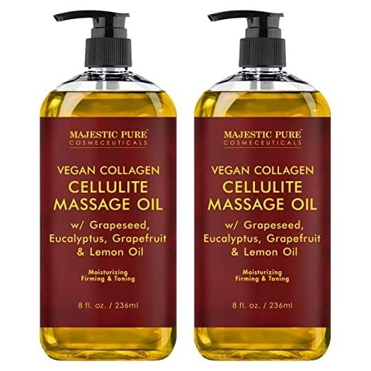 MAJESTIC PURE Cellulite Massage Oil - with Vegan Collagen & Stem Cells, Unique Blend of Massage Essential Oils - Anti Cellulite Oil Improves Skin Tightening and Firming, 2 x 8 fl oz