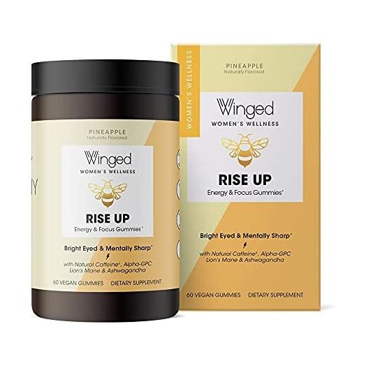 Winged Rise Up Gummies | Energy & Brain Boost Supplement | Natural Caffeine, Ashwagandha & B12 for Energy | Nootropics Alpha-GPC, Lion’s Mane & Huperzine A for Focus | Pineapple Flavor (30 Servings)