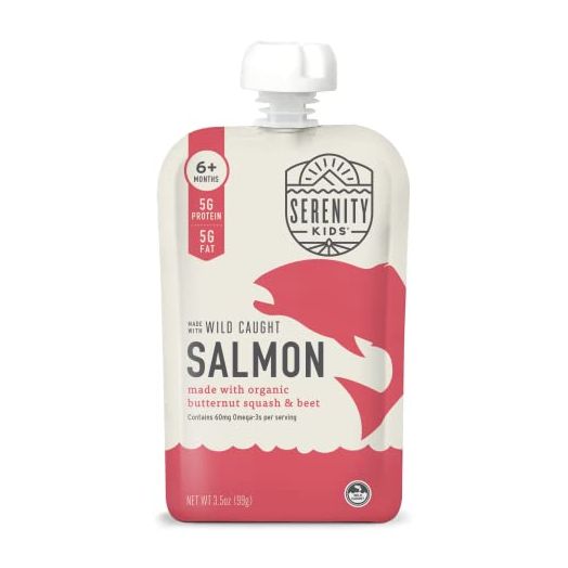 Serenity Kids 6+ Months Baby Food Pouches Puree Made With Ethically Sourced Meats & Organic Veggies | 3.5 Ounce BPA-Free Pouch | Wild Caught Salmon, Butternut Squash, Beet | 6 Count