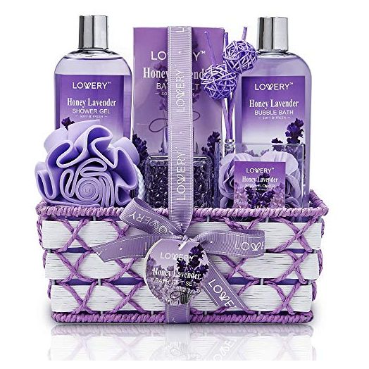 Bath and Body Gift Basket For Women and Men, Honey Lavender Home Spa Set with Essential Oil Diffuser, Soap Flowers, Bath Salts, Bubble Bath and More - 13 Piece Set, Presents for Mom