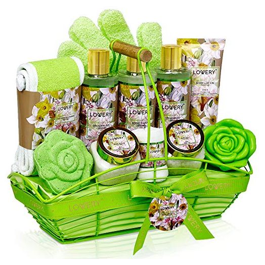 Home Spa Gift Baskets For Women - Bath and Body Gift Basket – Magnolia and Jasmine Home Spa Set, Includes Fragrant Lotions, Bath Bomb, Towel, Shower Gloves, Green Wired Bread Basket & More - 13 Pc Set