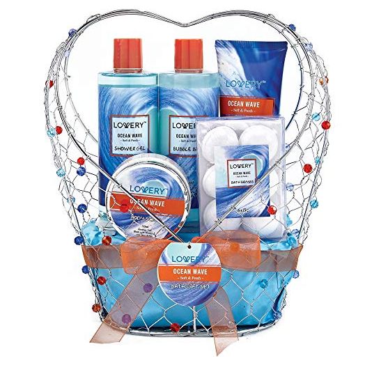 Home Spa Gift Baskets For Women - Bath and Body Gift Basket For Men – Ocean Wave Home Spa Set with Fragrant Lotions, Bath Bombs & More - 11pcs in a Jeweled Heart Shaped Candy Holder