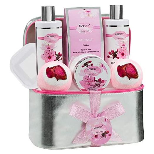Bath and Body Spa Gift Basket Set for Women – Cherry Blossom Home Spa Set with Fragrant Lotions, 2 Extra Large Bath Bombs, Mirror, Silver Reusable Travel Cosmetics Bag & More, Birthday, Care Package