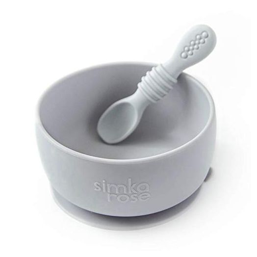Simka Rose Silicone Baby Bowl with Spoon Set for Baby and Toddler - Baby Led Weaning Supplies - BPA Free - Microwave Dishwasher and Freezer Safe (Grey)