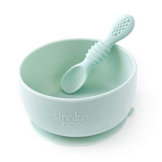 Simka Rose Silicone Baby Bowl with Spoon Set for Baby and Toddler - Baby Led Weaning Supplies - BPA Free - Microwave Dishwasher and Freezer Safe (Sage)