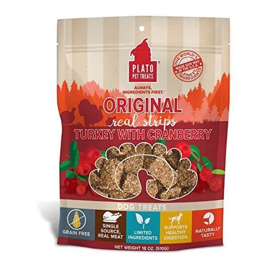 PLATO Turkey Real Strips Natural Dog Treats - Real Meat - Air Dried - Made in the USA - Turkey & Cranberry, 18 ounces