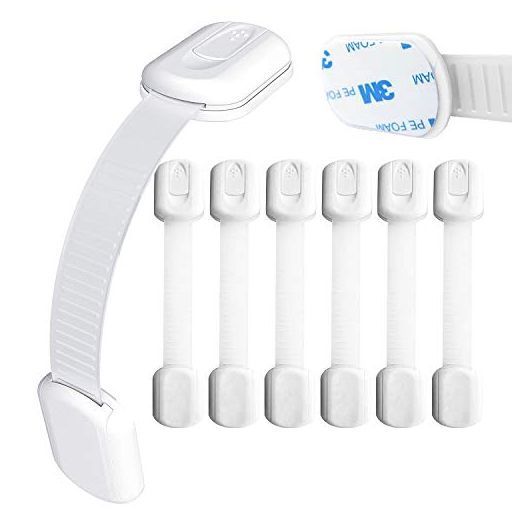 Baby Safety Locks | Child Proof Cabinets, Drawers, Appliances, Toilet Seat, Fridge and Oven | Tools Not Required | Uses 3M Adhesive with Adjustable Strap and Latch System (6-Pack, White)