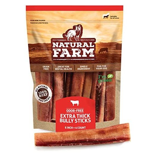 Natural Farm Jumbo Bully Sticks, Odor Free, 6-Inch (4-Count), Extra-Thick Dog Chews - Fully Digestible 100% Beef Treats, Supports Dental Health, Keep Your Dog Busy with 50% Longer Lasting Chews