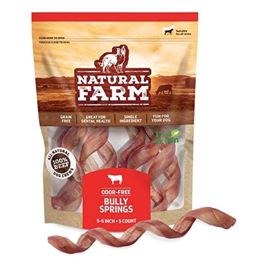 Natural Farm Bully Stick Springs, 5-6-Inch (5 Units), Fully Digestible, 100% Beef Chews for More Engagement & Fun, Grass-Fed, Non-GMO, Fully Digestible - Best for Small & Medium Chewers