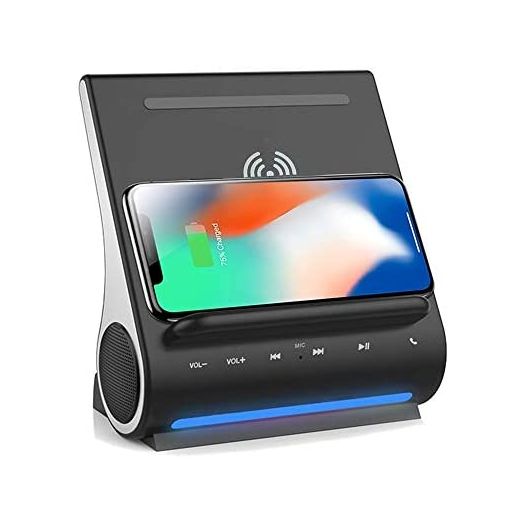 Fast 15 Watts Wireless Charger Sound Hub Bluetooth Speaker with Upgraded Mic Handsfree Calling Two USB Ports, Upright View Angle, Space Saving 4 in 1 Dock