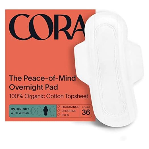 Cora Organic Pads | Ultra Thin Period Pads with Wings | Overnight Absorbency | Ultra-Absorbent Sanitary Pads for Women | 100% Organic Cotton Topsheet (36 Count (Pack of 1))