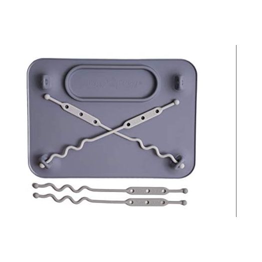Busy Baby Silicone Placemat - Built-in Suction Cups - 4 Toy Tethers for Babies Toddlers and Kids - Food Grade Silicone - 8.5 x 11 in - Comes with Travel Sleeve - Dishwasher Safe - Pewter