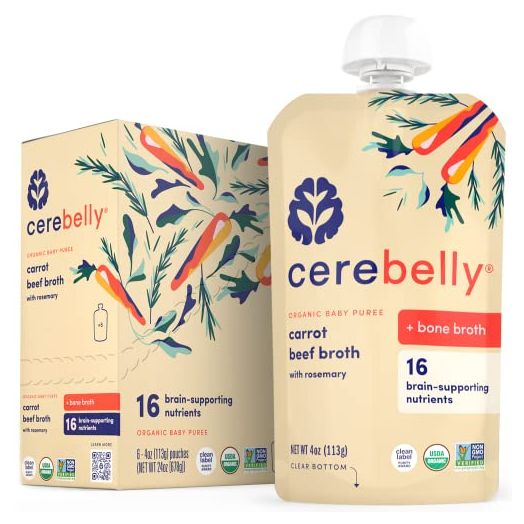 Cerebelly Baby Food Pouches – Carrot Beef Bone Broth + Rosemary (6 Count) – Healthy Kids Snacks – Organic Fruit & Veggie Purees – 16 Brain-supporting Nutrients from Superfoods, Gluten-Free, No Added Sugar