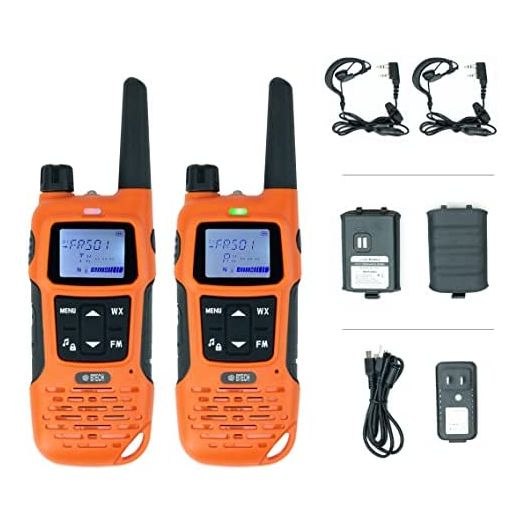 BTECH FRS-A1 2 Pack FRS Orange Walkie Talkies, NOAA, High Output Two-Way Radio. USB-C Charging, Built in Flashlight, FM Radio, NOAA, and More