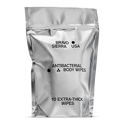Body Wipes by Bravo Sierra - 10 Individually Wrapped Extra Thick Biodegradable Shower Wipes with Benzalkonium Chloride & Aloe Vera for Adults, Men and Women - No Rinse Bathing Camping & Travel Wipes