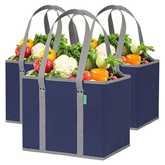 Reusable Grocery Shopping Box Bags (3 Pack - Blue/Gray). Large, Premium Quality Heavy Duty Tote Set with Extra Long Handles & Reinforced Bottom. Folding, Collapsible, Durable and Eco Friendly