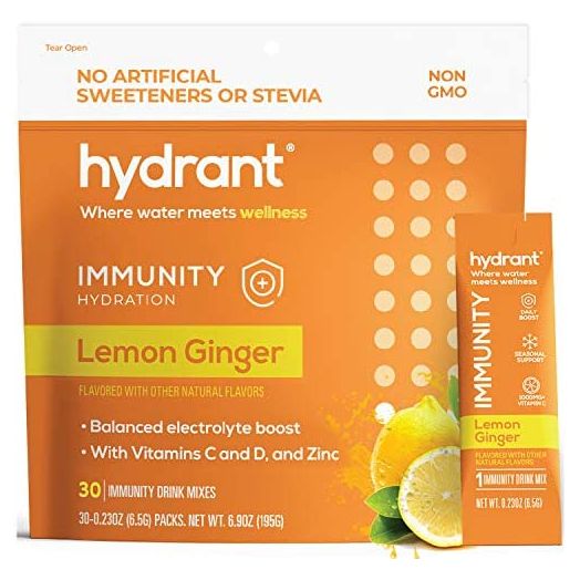 Hydrant Immunity Vitamins Electrolyte Powder - Supplement with Vitamin C, B12, B6, Zinc - Immune, Hydration, & Energy Support – Hydration Powder Stick Packets (Lemon Ginger, 30 Count)
