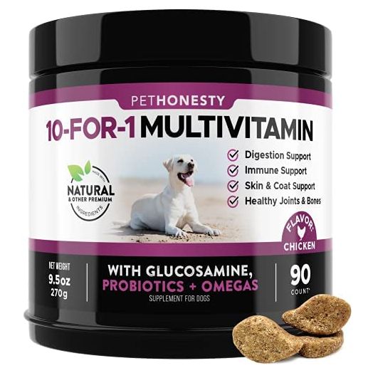 PetHonesty 10 in 1 Dog Multivitamin with Glucosamine - Essential Dog Supplements & Vitamins - Glucosamine Chondroitin, Probiotics, Omega Fish Oil for Dogs Health & Heart- Dog Health Supplies