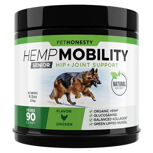 PetHonesty Senior Hemp Mobility - Hip & Joint Supplement for Senior Dogs - Hemp Oil & Powder, Glucosamine, Collagen, MSM, Green Lipped Mussel, Support Mobility, Helps with Occasional Discomfort (90ct)