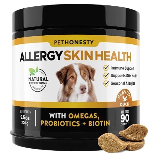 PetHonesty Allergy Skin Health - Fish Oil for Dogs Omegas, DHAGold, Flaxseed, Probiotics for Itch-Free Skin, Shiny Coats, Helps Reduce Shedding, Soft Chews for Healthy Skin & Coat - 90 ct (Duck)