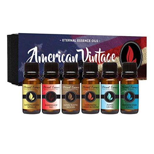 American Vintage - Gift Set of 6 Premium Fragrance Oils - Sandalwood Vanilla, Frankincense & Rain, Cardamom Cedar Blossom, Aspen Grass, Warm Rustic Woods, Barbershop 1920 - Eternal Essence Oils