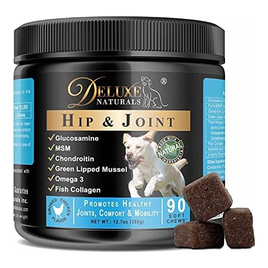 Deluxe Naturals Hip and Joint Soft Chews for Dogs with Glucosamine, MSM, Chondroitin, Omega-3, Collagen, Lipped Mussel | Improve Pet Mobility, Pain Relief, Reduce Discomfort - 90 Count (Pack of 1)