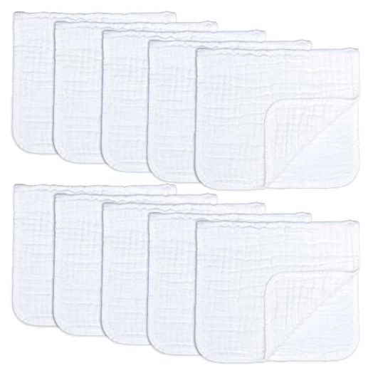 Muslin Burp Cloths 10 Pack Large 100% Cotton Hand Washcloths 6 Layers Extra Absorbent and Soft by Comfy Cubs (White, Pack of 10)