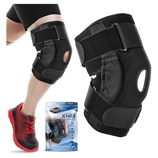 Dynamic Gear Open Patella Stabilizing Knee Brace with Dual Aluminum Stability Hinges - Padded Neoprene Adjustable Compression Knee Support Brace for Meniscus Tear ACL Strains Knee Pain Arthritis (Standard)